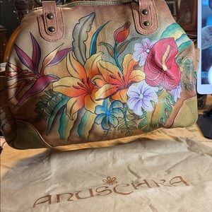 Anuschka Hand-Painted Floral Leather Shoulder Bag - Brown and Multicolor